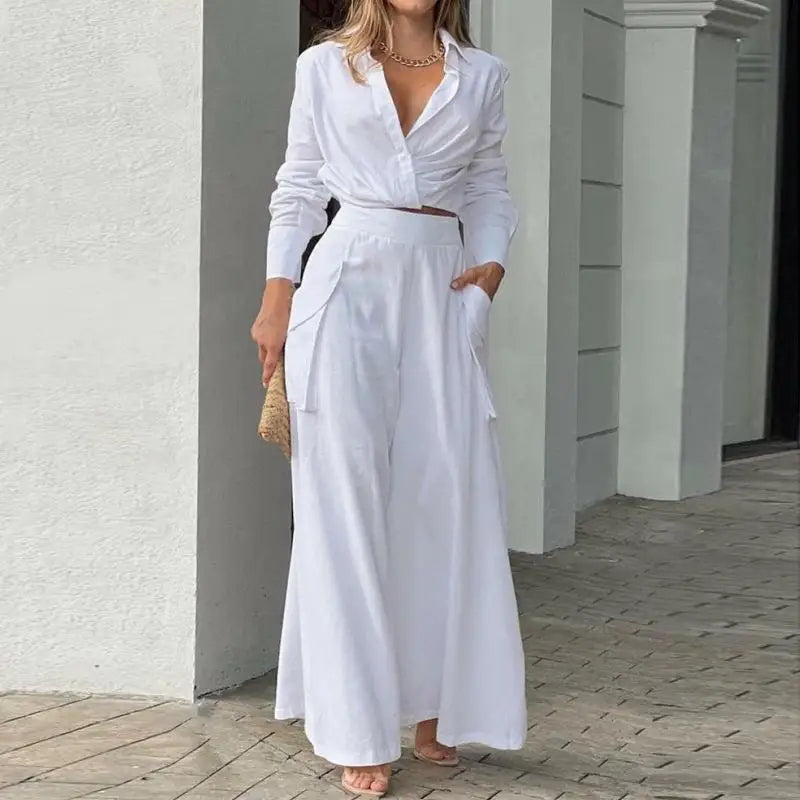 Blanca | Traje de verano con camisa anudada y pantalón de cintura alta